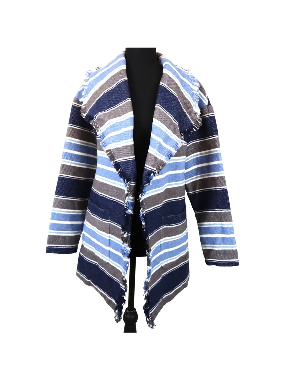 Wonderly Blue Gray Striped WOOL Blend Cardigan Jacket Knit Open Front Fringe SM